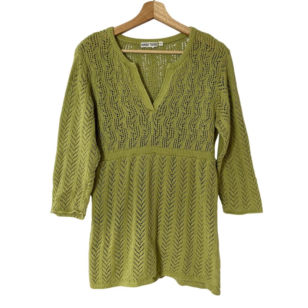 Nomadic Traders lime green knit v-neck blouse women's‎ size large vintage style